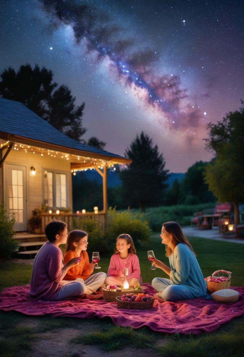 A whimsical outdoor setting featuring a family enjoying a magical evening. Children are playfully tasting grape juice from elegant wine glasses while gazing at a starry sky filled with constellations. A telescope is set up beside them, pointing at the Milky Way. Surround them with cozy blankets, twinkling fairy lights, and a picnic basket filled with fruits. dreamy, vibrant colors, watercolor style.