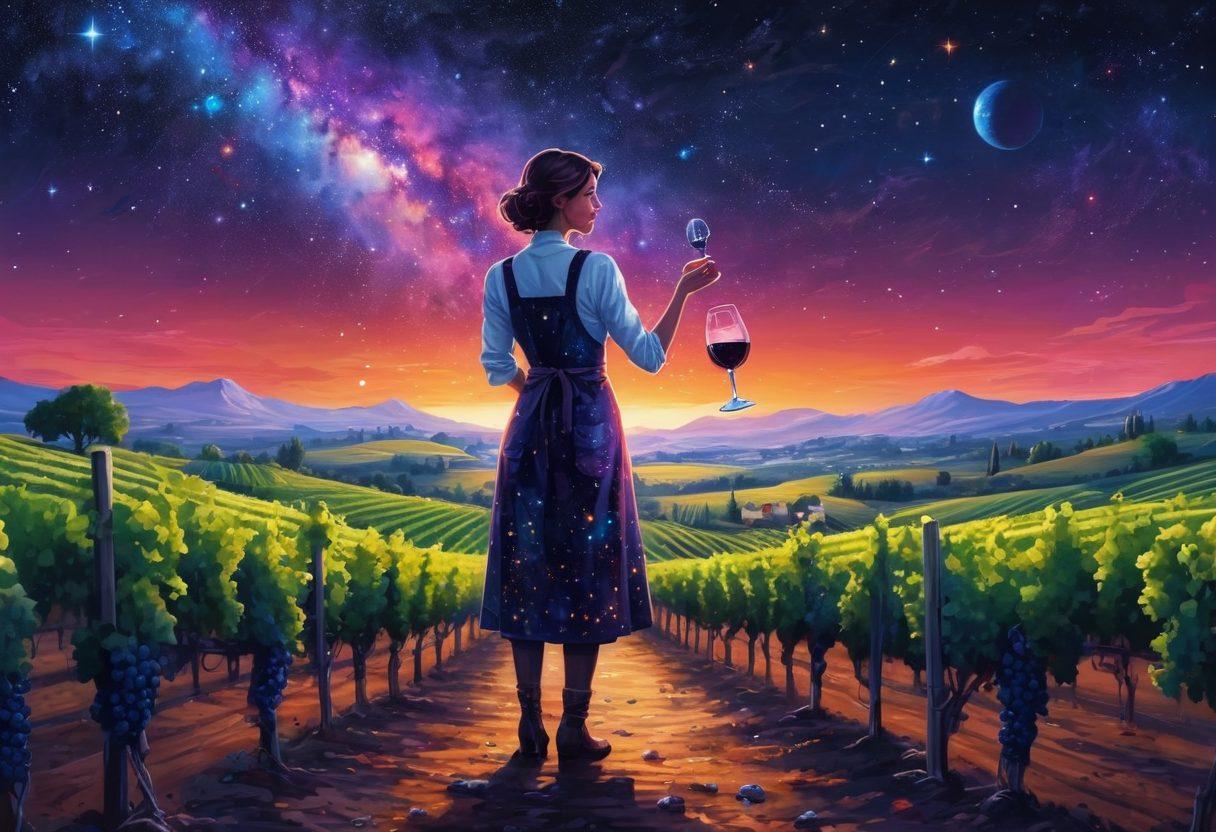 A whimsical illustration showcasing a vineyard that seamlessly transitions into a starry galaxy, with grapes transforming into planets and constellations. A playful winemaker character, wearing a cosmic-themed apron, joyfully pours a glass of wine that sparkles like stardust. The background should be a blend of earthy tones and deep space colors, emphasizing the connection between winemaking and the universe. pixel art. vibrant colors.
