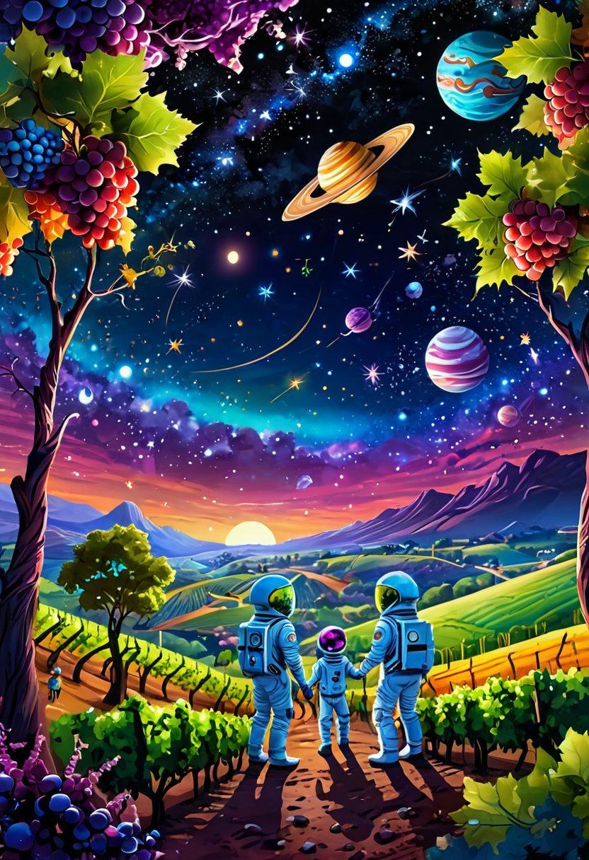 A whimsical landscape blending vineyards and outer space, with grapevines spiraling into the cosmos filled with colorful planets and stars. Young explorers, wearing space suits, interact with giant grapes that have spaceship features. An enchanting night sky illuminates the scene with twinkling constellations and playful alien characters. vibrant colors. fantasy art. cartoon style.